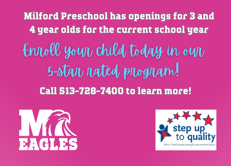 Milford Preschool has openings for 3 and 4 year olds for the current school year. Call 513-728-7400 to enroll and learn more!